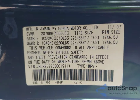 2008 Honda Cr-V Ex-L from USA, damaged, VIN JHLRE38768C019113